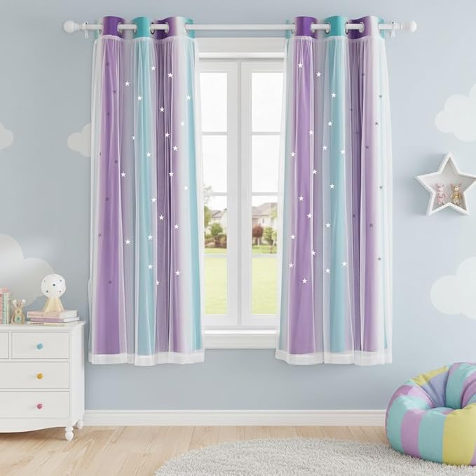 NICETOWN Blackout Stars Kids Curtains for Girls Bedroom Aesthetic Decor Colorful Cute Double Layer Star Cut Out Stripe Rainbow Curtains for Nursery, 2 Panels, W34 x L63 Inches, Teal & Purple