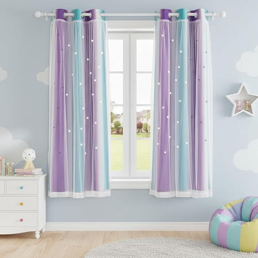 NICETOWN Blackout Stars Kids Curtains for Girls Bedroom Aesthetic Decor Colorful Cute Double Layer Star Cut Out Stripe Rainbow Curtains for Nursery, 2 Panels, W34 x L63 Inches, Teal & Purple