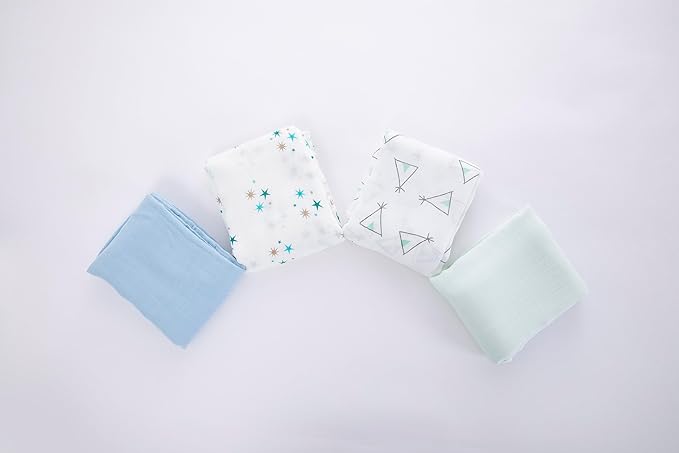 Muslin Swaddle Blankets for Baby Boys and Girls, 4-Pack Breathable and Skin-Friendly Receiving Blanket Wrap, Baby Essentials, Registry & Gift, 47 x 47 inches (Blue Sky)