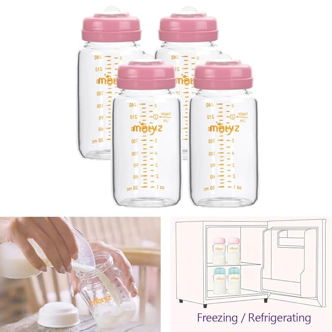 Matyz Glass Breastmilk Storage Containers, 4 Pack, 8 oz Bottle, Fit with Spectra Medela Philips Avent Pump - Wide Mouth Breastmilk Collection and Storage Bottle with Lids - No BPA (Pink Lids)