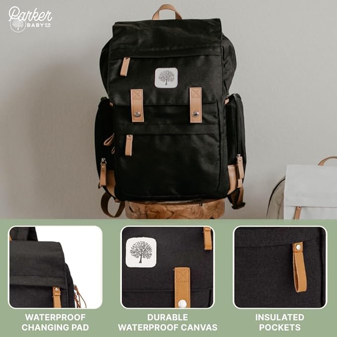 Parker Baby Co. Diaper Backpack - Large Diaper Bag with Insulated Pockets, Stroller Straps and Changing Pad -Birch Bag - Black