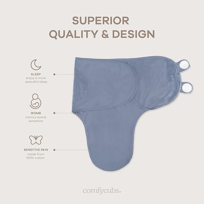 Comfy Cubs Easy Swaddle Blanket, 3 Pack - 100% Cotton Newborn Wrap, Small for 0-3 Months Infants, with Adjustable Velcro, Breathable and Durable Sleep Sack for Babies - Stone, Nomadic Blue & Azul
