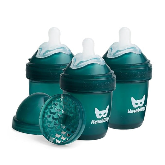 Herobility Anti-Colic Baby Bottles 5 oz / 140 ml – Pack of 3 Newborn Baby Bottles, Slow Flow Plastic Bottles, Breast-Shaped Teat for Breastfed Babies, Small Baby Bottles, Swedish Design, Dark Green