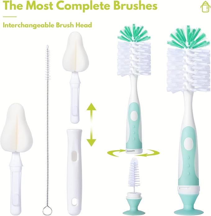 CAREBABYMORE Baby Bottle Brush Set with Nipple Cleaner and Suction, 10.2" Cleaning Brush and 6.5" Sponge Bottle Brush with A Replacement Brush Head and Two 6.7" Straw Brushes, Pack of 5 (Green)