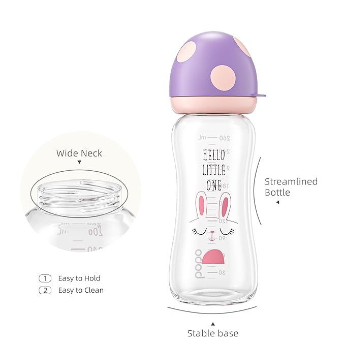 YOHKOH Natural Glass Baby Bottle with Level 2 Medium Flow Nipple, Newborn Anti-Colic Baby Bottles, Wide Neck Mushroom Baby Glass Bottle ((8.8oz (Pack of 4), Purple-A)