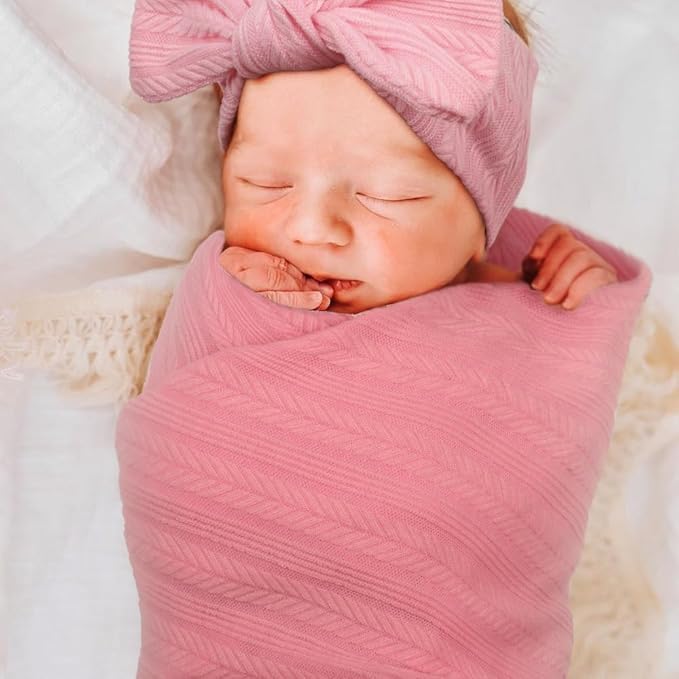 DRESHOW BQUBO Baby Swaddle Blankets for Girls, 4PCS Newborn Accessories Set with Hat and Bow Headband with Hello World Wooden Birth Announcement Card, Baby Blankets for Girls