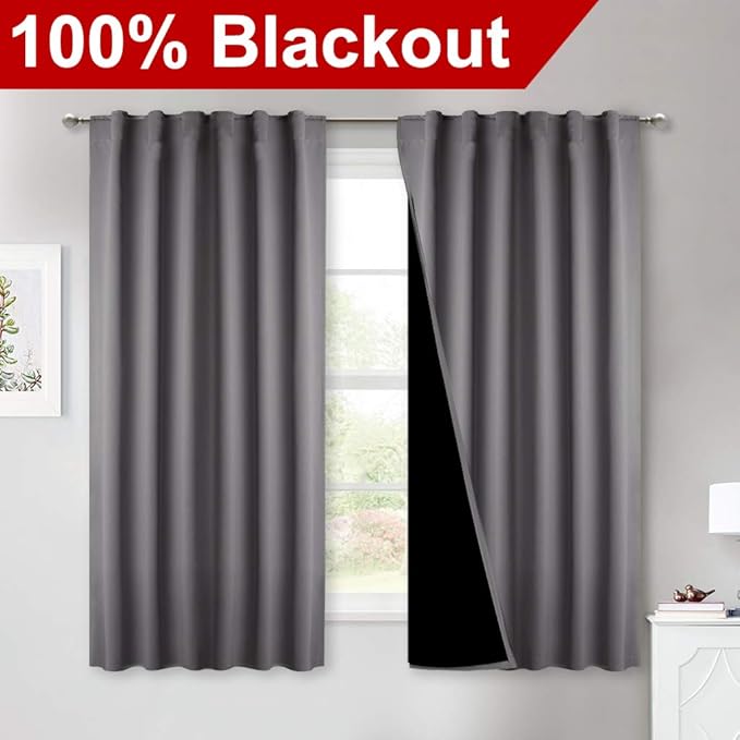 NICETOWN 100% Blackout Curtains with Black Liners, Rod Pocket & Back Tab Thermal Insulated 2-Layer Drapes, Energy Efficiency Window Draperies for Bedroom (Grey, 2 Panels, 52 inches W by 63 inches L)