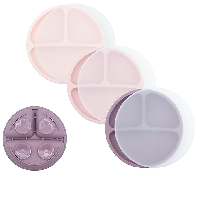 WeeSprout Suction Plates with Lids for Babies & Toddlers, 100% Silicone Dinnerware Stays Put, Divided Design for Picky Eaters, Microwave & Dishwasher Friendly, 3 Pack (Matte Pink, Purple, Blush Pink)