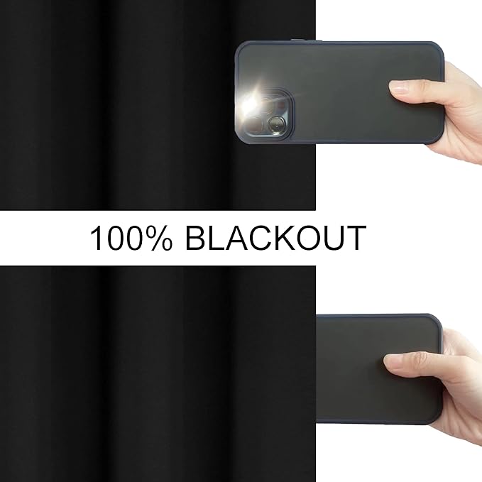 LEMOMO 100% Blackout Curtains 52 x 72 Inch/Black Curtains 2 Panels with Black Lining Room Darkening Thermal Insulated Bedroom Curtains