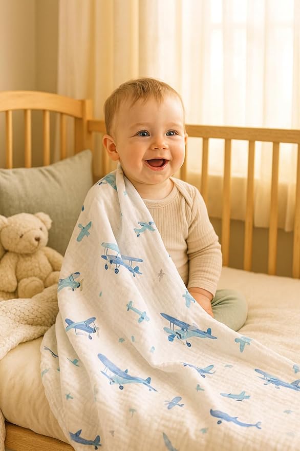 Soft 100% Cotton Swaddles for Newborns, 2- Pack - Large, Breathable Baby Blanket - Versatile, Durable Muslin Swaddle Blankets - Perfect Newborn Essentials (Airplane/Blue)