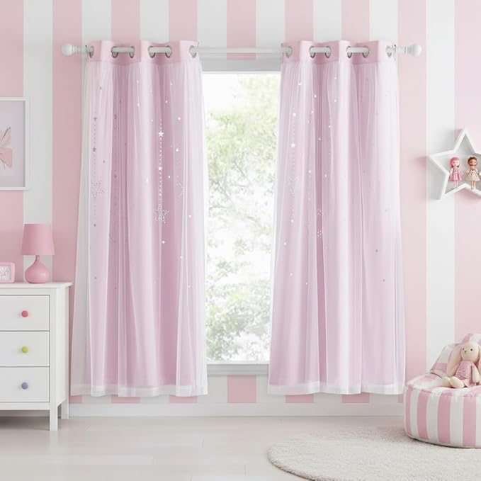 NICETOWN Baby Pink Blackout Curtains for Kid's Bedroom - Grommet Thermal Insulated Room Darkening Moon Stars Cutout Curtains for Living Room, Set of 2 Panels (34 x 63 Inch, Pink & Grey)