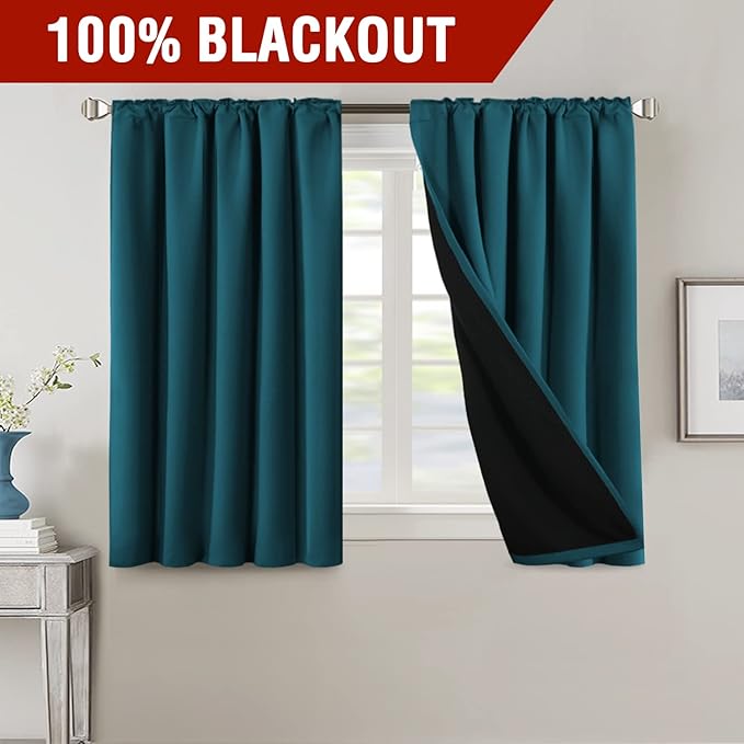 H.VERSAILTEX 100% Blackout Curtains for Bedroom with Black Liner Full Room Darkening Curtains 45 Inches Long Thermal Insulated Back Tab/Rod Pocket Window Drapes for Living Room, 2 Panels, Dark Teal
