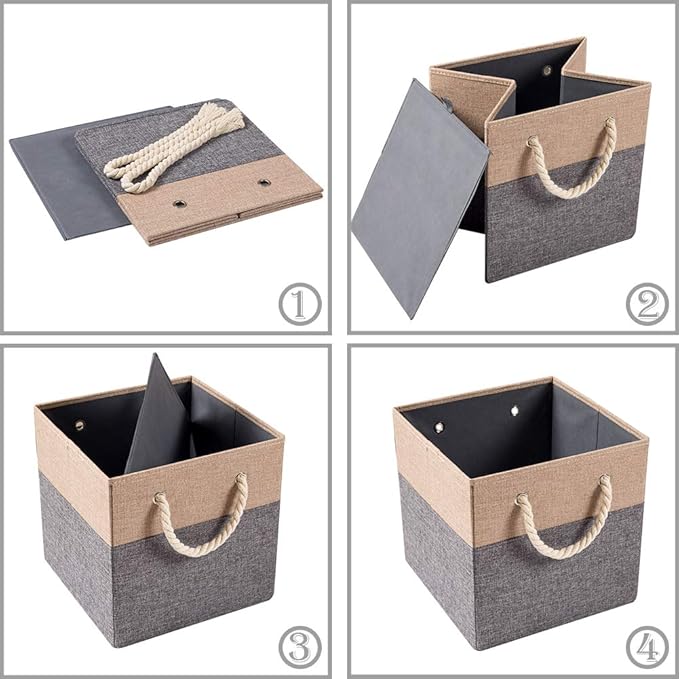 PRANDOM Large Foldable Cube Storage Bins 11x11 inch [2-Pack] Fabric Linen Storage Baskets Cubes Drawer with Cotton Handles Organizer for Shelves Nursery Closet Bedroom Khaki
