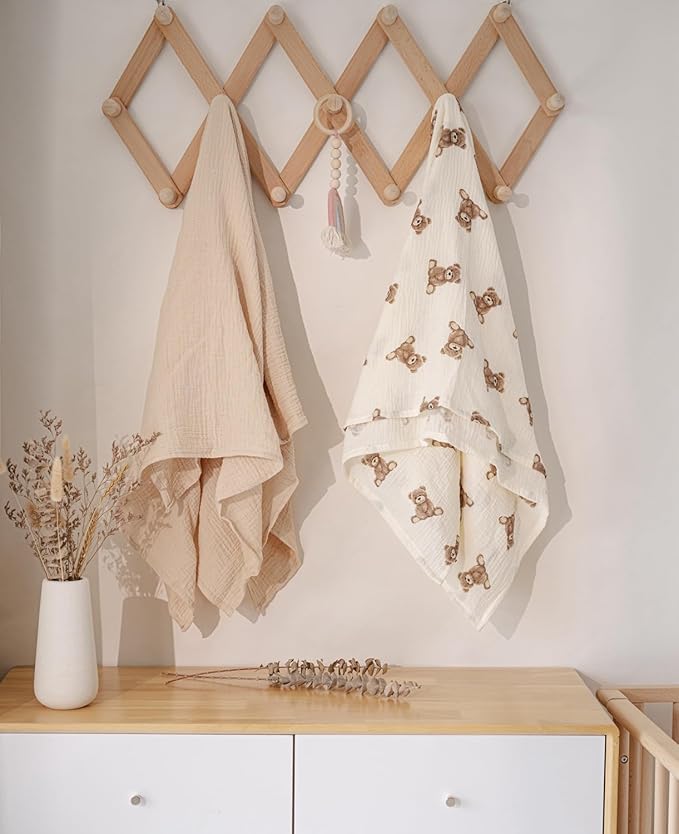 Little Jump 2-Pack Cotton Muslin Swaddle Blankets for Baby Boys Girls Unisex - Boho Teddy Bear Baby Blanket Nursery Swaddling Blankets- Large 47 x 47 inches Receiving Blanket Neutral (Teddy Bear)