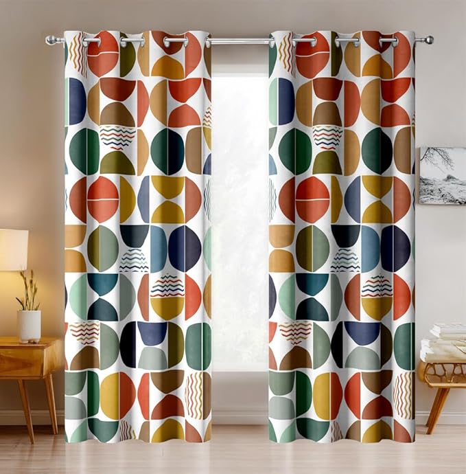 Mid Century Modern Abstract Blackout Curtains, Boho Colorful Geometric Circle Pattern Window Drapes，Living Room Bedroom Decor 2 Panels 52x84 Inch