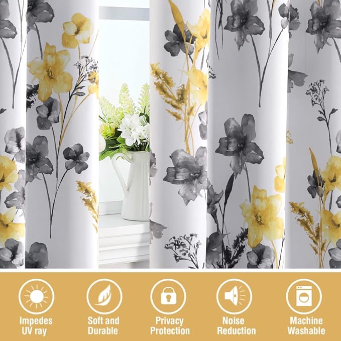H.VERSAILTEX 100% Blackout Curtains 96 inch Length 2 Panels Set Cattleya Floral Printed Drapes Leah Floral Thermal Curtains for Bedroom with Black Liner Sound Proof Curtains, Grey and Yellow