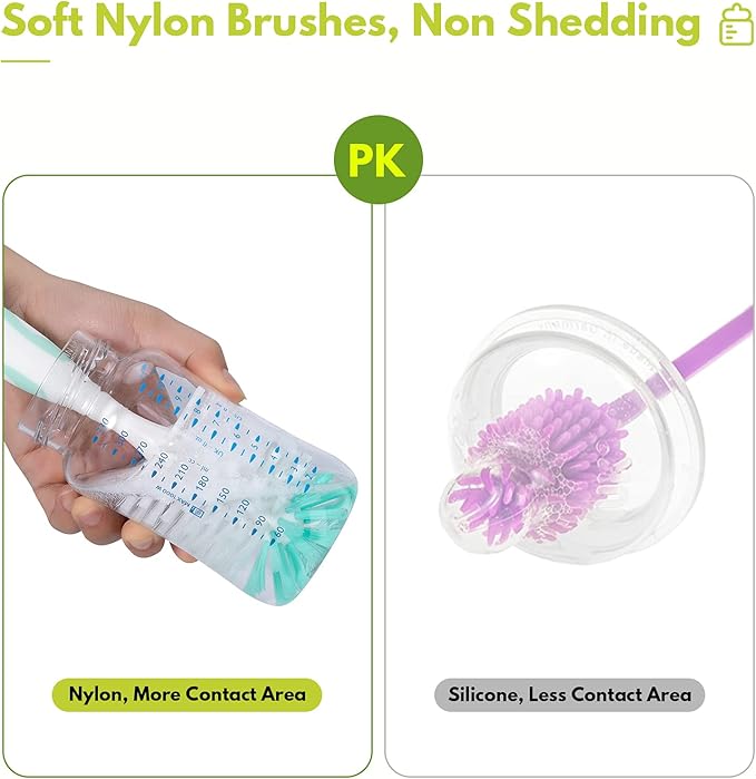 CAREBABYMORE 2 Pack Baby Bottle Brush with 4 Pack Straw Brushes, 10.2" Nylon Brushe with Nipple Cleaner and Stand Suction Cup, Pink