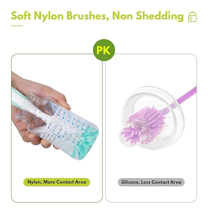 CAREBABYMORE Baby Bottle Brush with One Base Hidden Nylon Nipple Cleaner, 2 Pcs Sponge Nipple Brushes, 2 Pcs Straw Brushes, Bottle Brush with Nipple Cleaner and Suction Cup (Pink)