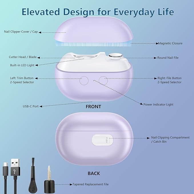 Smart Electric Nail Clipper, 3-in-1 Automatic Nail Trimmer & Polisher with 2 Speeds, LED Light, Rechargeable Nail Clippers for Seniors, Low Vision, Women, Men and Kids (Purple)