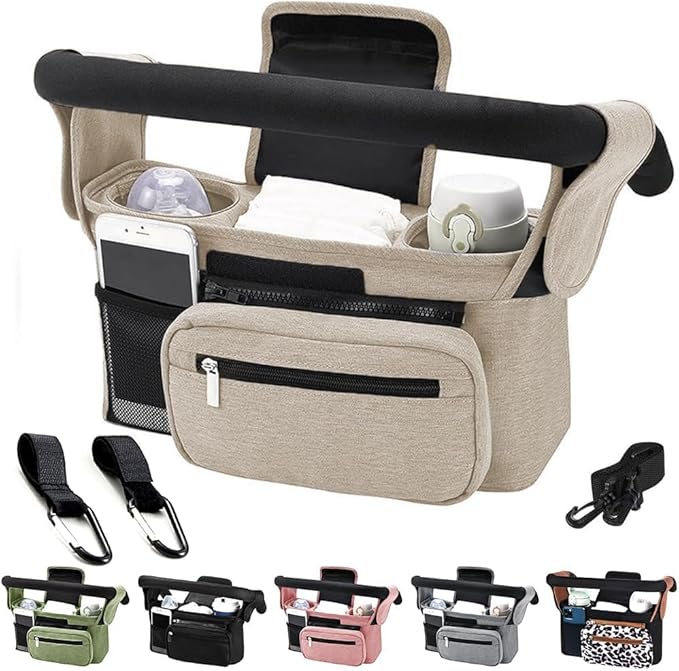 Baby Stroller Organizer, Universal Stroller Organizer with Detachable Phone Bag, Stroller Caddy with 2 Insulated Cup Holders, Buggy Organizer Bag with 2 Hooks Fits Most Strollers (White)