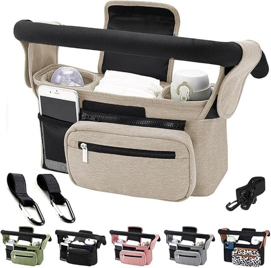 Baby Stroller Organizer, Universal Stroller Organizer with Detachable Phone Bag, Stroller Caddy with 2 Insulated Cup Holders, Buggy Organizer Bag with 2 Hooks Fits Most Strollers (White)