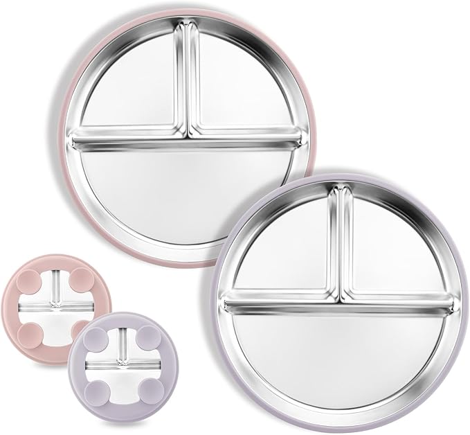 Bakpoco Stainless Steel Baby Plate with Suction, 8” Divided Toddler Plates with Removable Silicone Sleeves for Kids, Non-Toxic Non-Slip Unbreakable Dishwasher Safe Dinnerware Set of 2, Pink & Lilac