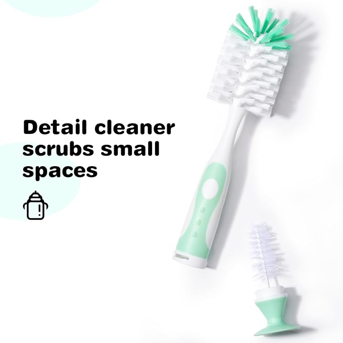 Baby Bottle Brush with One Base Hidden Nylon Nipple Cleaner, Stand Suction Cup,2 Pack Straw Brushes,1 Pack Sponge Nipple,1 Piece Replacement Head, Green