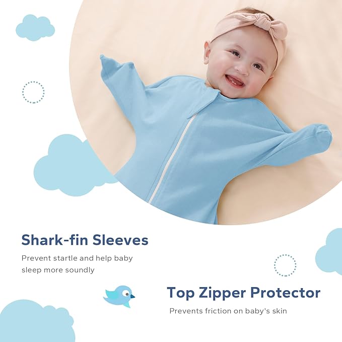 ZIGJOY Baby Transitional Swaddles for Newborns: 0.5 Tog Arms Up Sleep Sack 3-6-12 Months Soft Cotton Shark Fin 2 Way Zipper