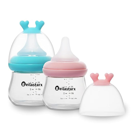 Beilastarx Glass Baby Bottles with Natural Response Nipple Size SS - Anti Colic Baby Bottles Wide Neck Slow Flow Baby Bottle (Multicolor, 4oz (Pack of 2))