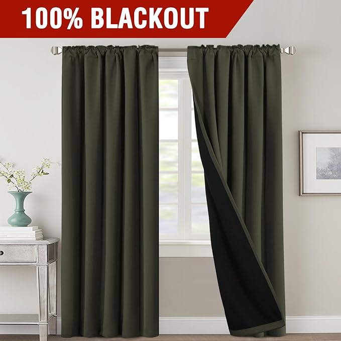 H.VERSAILTEX 100% Blackout Curtains for Bedroom with Black Liner Full Room Darkening Curtains Thermal Insulated Back Tab/Rod Pocket Window Drapes for Living Room, 2 Panels, 42 x 84 Inch, Olive