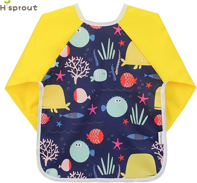 Hi Sprout Infant Toddler Baby Waterproof Sleeved Bib, Bib with Sleeves&Pocket, 6-24 Months