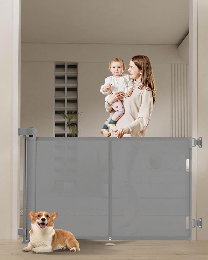 50 inch Retractable Baby Gates 34 inch Tall, Retractable Gate with Reinforced Strip Design to Prevent Crawling Through, Retractable Dog Gate for Stairs, Doorways, Hallways
