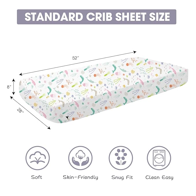 Bimocosy Crib Sheets 4 Pack, Baby Crib Sheets Fitted for Boys and Girls Breathable & Snug Fit, Soft Toddler Bed Sheets for Standard Crib Mattress Nursery Daycare Essentials, Ocean Friends