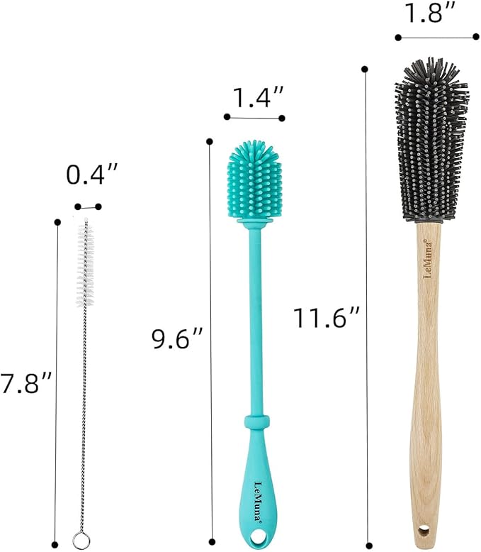 LeMuna Silicone Bottle Brush Set with Wooden Handle - Silicone Brush & Straw Cleaner for Hydro Flask, Sports Bottle, Glassware