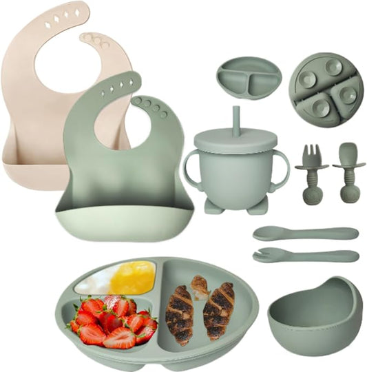 Mutualproducts 10 Pcs Baby Utensils – Silicone Baby Spoons and Forks for Self Feeding – Suction Plate - Anti-Choke Baby Feeding Supplies – Baby Led Weaning Set with Bibs – Great Gift Set (Green)
