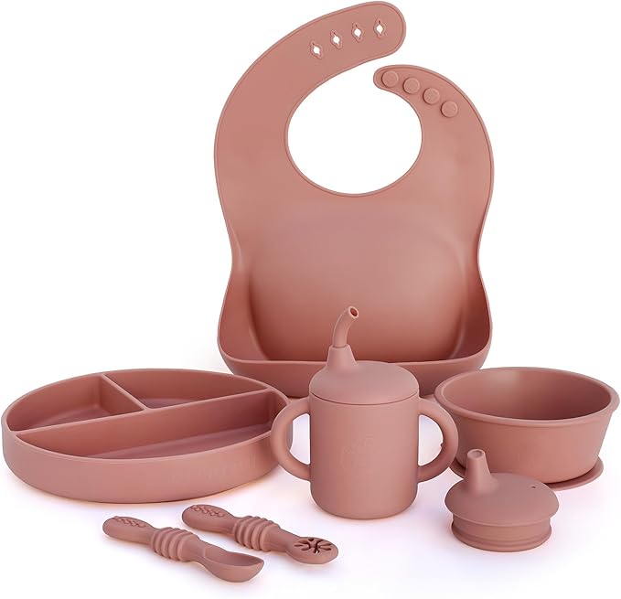 Little Loon Baby Feeding Essentials: Baby Led Weaning Supplies with Baby Plates, Silicone Bibs, Baby Spoons, Sippy Cups, Toddler Plates and Bowls Set - Baby Essentials - Baby Shower Gifts (Rose)