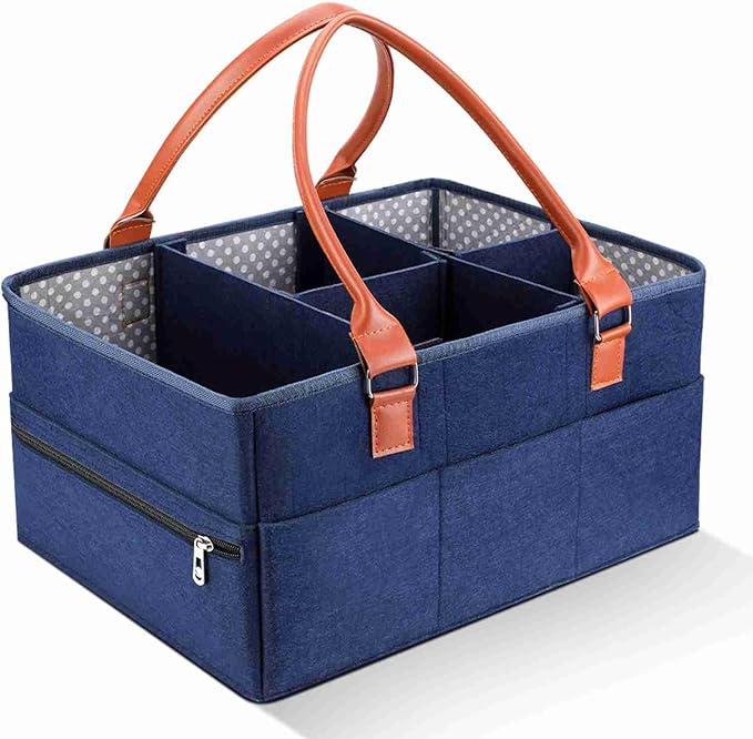 Marhynchus Large Portable Nappy Storage Basket with Detachable Divider, Felt Fabric Baby Diaper Caddy, Navy, for Nursery and Travel