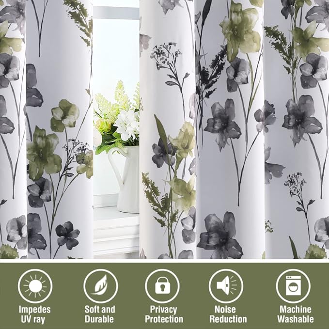 H.VERSAILTEX 100% Blackout Curtains 84 inch Length 2 Panels Set Cattleya Floral Printed Drapes Leah Floral Thermal Curtains for Bedroom with Black Liner Sound Proof Curtains, Grey and Olive