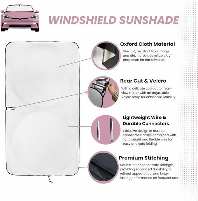 kinder Fluff Windshield Sunshade for Tesla S | Patented Car Sun Protection - Certified 99% UVR Block - Cool Car Interior | Foldable Sun Visor Cover | Automotive Accessories for Summer Heat