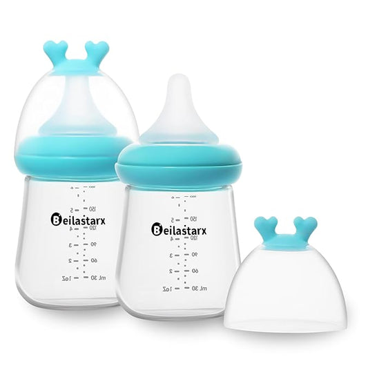 Beilastarx Glass Baby Bottles with Natural Response Nipple Size S - Anti Colic Baby Bottles Wide Neck Slow Flow Baby Bottle (Blue, 6oz (Pack of 2))