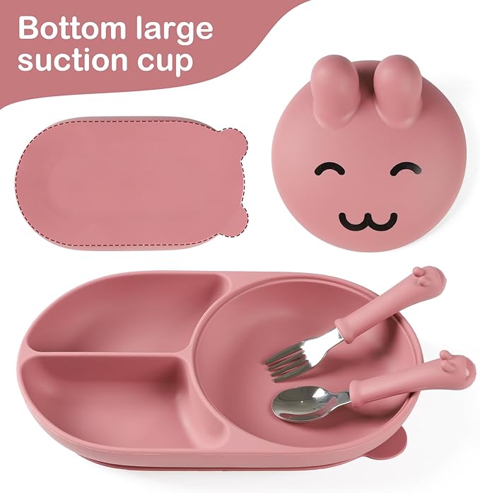 Silicone Baby Plate,Toddler plates,Self-feeding of infants after weaning, 100% Food Grade Silicone, BPA Free, Baby Dinnerware, Baby Plates With Suction, Divided Plate for Babies (pink)