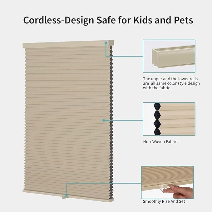 MYshade Cordless Blackout Window Blinds & Shades Pull Down Room Darkening Window Shades Light Blocking Honeycomb Cellular Shade for Indoor Windows Easy to Install 27 inch Wide, H48 Beige Blinds