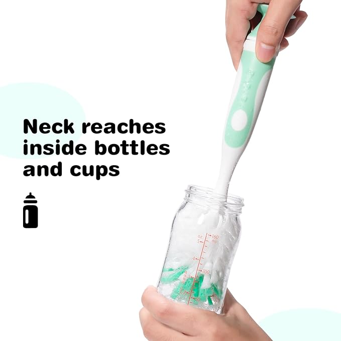 Baby Bottle Brush with One Base Hidden Nylon Nipple Cleaner, Stand Suction Cup,2 Pack Straw Brushes,1 Pack Sponge Nipple,1 Piece Replacement Head, Green