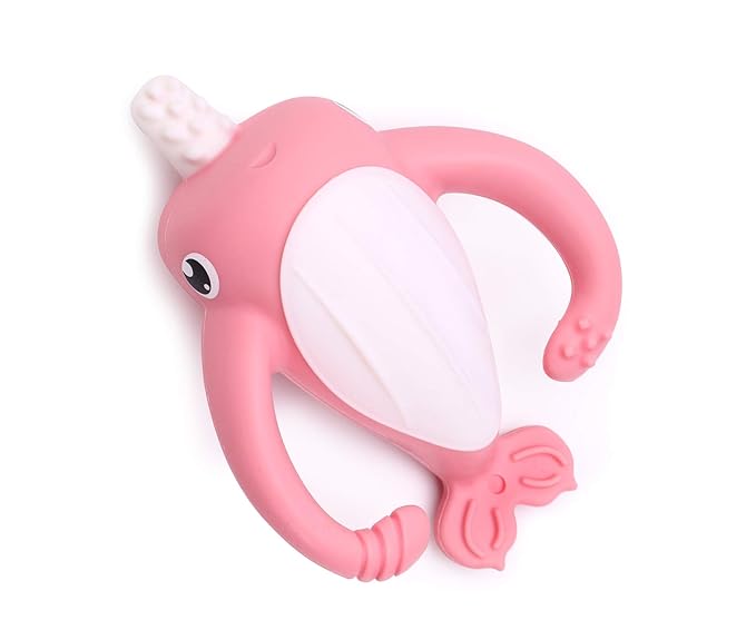 Smily Mia Narwhal Silicone Baby Teething Toys for 3-6 6-12 Months, Teething Relief Toys, Food Grade Silicone Teether Baby Toys, Sensory Toys for Teething Babies, Baby Essential, BPA Free, Pink