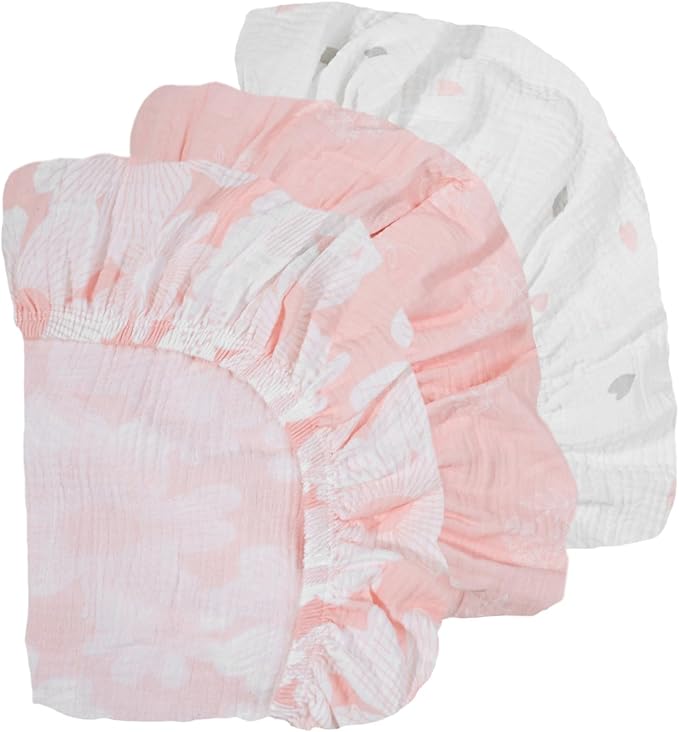 Gllquen Baby Muslin Bassinet Sheets 3 Pack, Breathable Elastic Cozy Fitted Cotton Bassinet Mattress Sheet for Baby Boy Girls, Fit for Hourglass Oval Rectangular Cradle Pad Sheets 33"x17" (Pink)