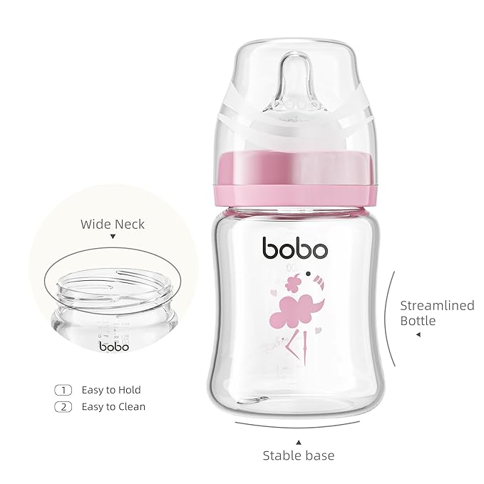 YOHKOH Glass Baby Bottles with Slow Flow Nipple, Newborn Anti-Colic Baby Bottles for 0+ Months, Wide Neck Feeding Bottle, Clear (Multicolour, 5oz (Pack of 2))