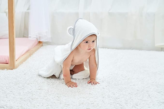 HIPHOP PANDA Hooded Towel - Rayon Made from Bamboo, Bath Towel with Bear Ears for Newborn, Babie, Toddler, Infant - Absorbent Large Baby Towel - White, 37.5 x 37.5 Inch