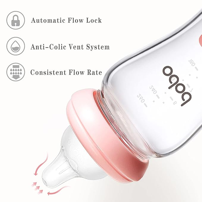 YOHKOH Natural Glass Baby Bottle with Level 2 Medium Flow Nipple, Newborn Anti-Colic Baby Bottles, Wide Neck Mushroom Baby Glass Bottle (8.8oz (Pack of 2), Multicolour)