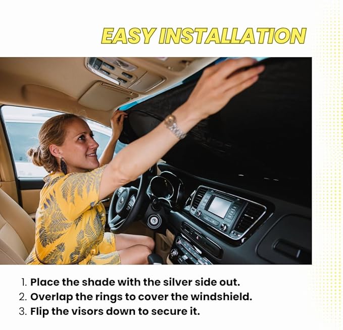 kinder Fluff Windshield Sunshade | Reflective Patented Car Sun Protection - Certified 99% UVR Block - Cool Interior | Foldable Sun Visor Cover | Automotive Accessories for Summer Heat |Size XL 66"x37"