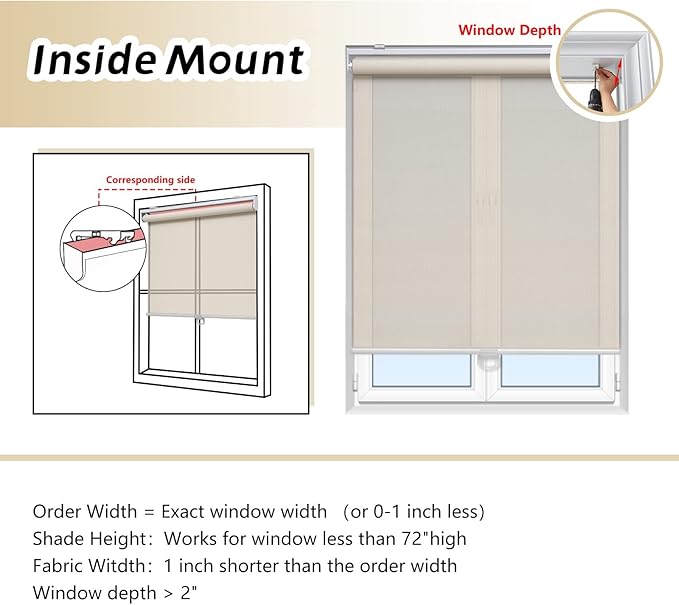 AOSKY Cordless Roller Shades for Windows Light Filtering Shades with 5% Openness Solar Screen Semi Sheer Roller Blinds UV Protection for Office and Home. Easy to Install 36" W x 72" H (Beige)